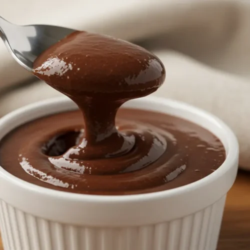 Spoon scooping creamy chocolate protein pudding