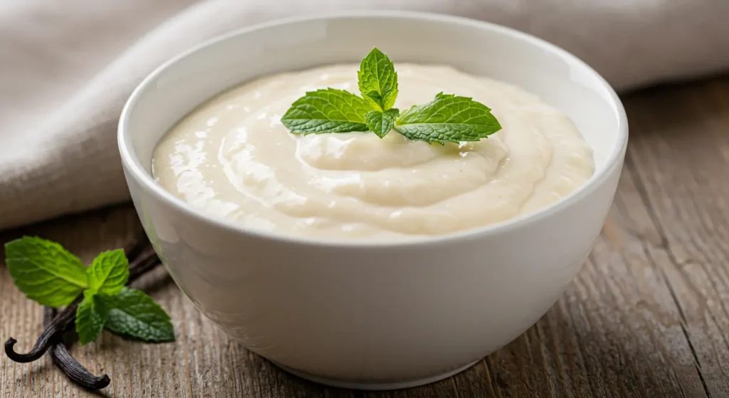 Creamy Vanilla Protein Pudding topped with cinnamon and mint