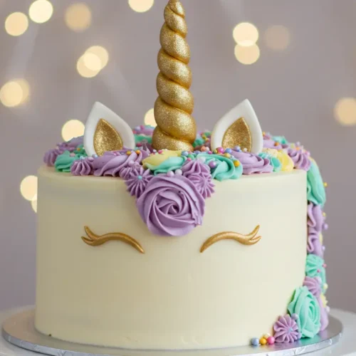 Beautifully decorated unicorn cake with rainbow buttercream and fondant horn.