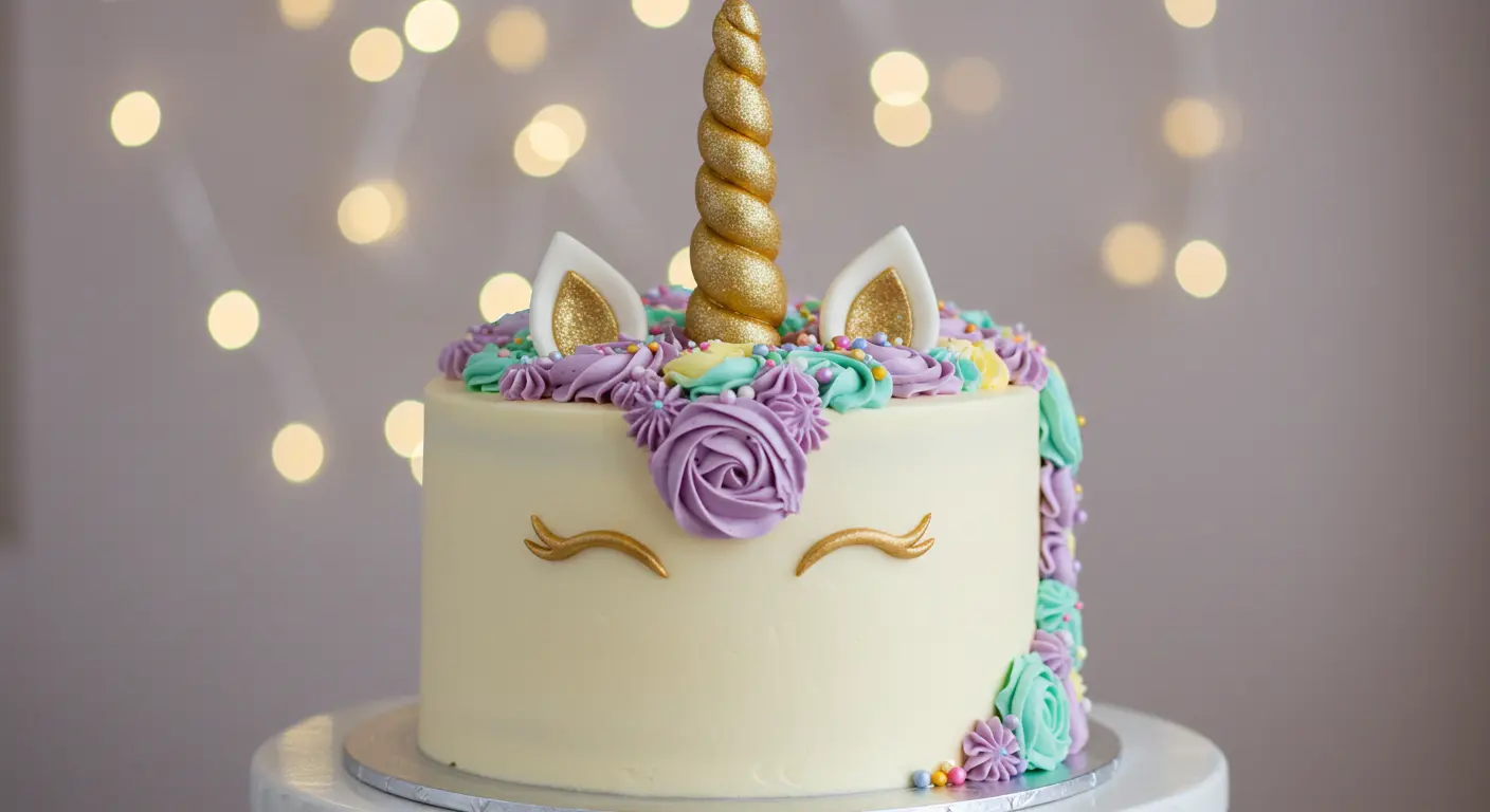 Beautifully decorated unicorn cake with rainbow buttercream and fondant horn.