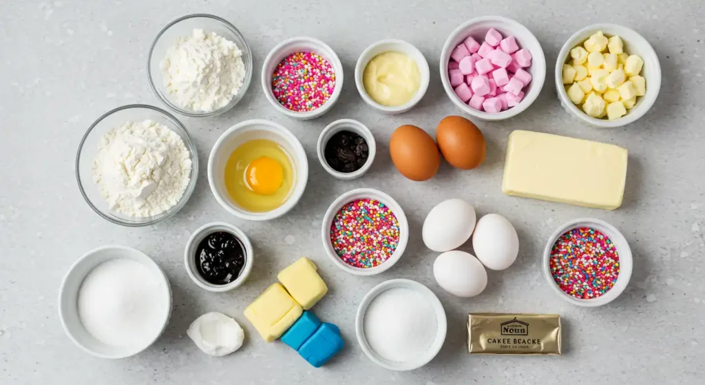 Essential ingredients for making a unicorn cake displayed on a countertop.