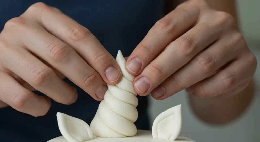 Shaping fondant into unicorn horn and ears for cake decoration.