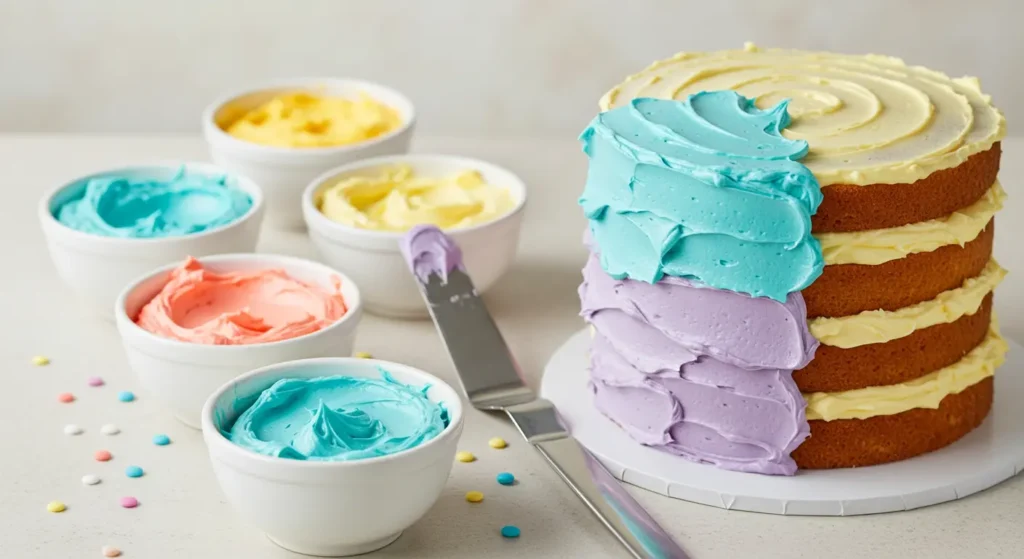 Colored buttercream for decorating layers of a unicorn cake.