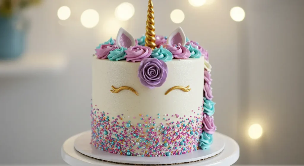 Final decorated unicorn cake with edible glitter and sugar flowers.