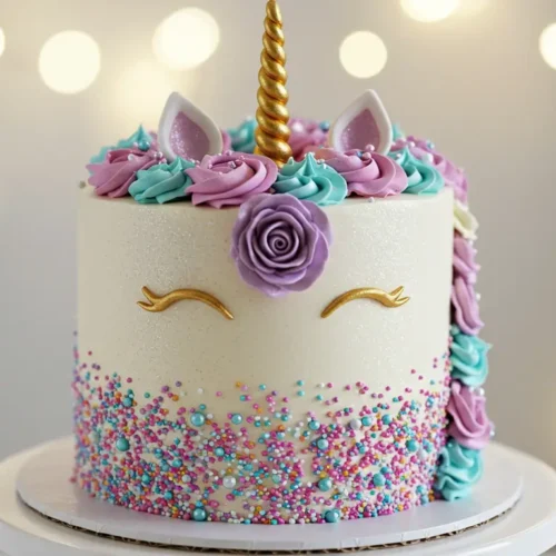 Final decorated unicorn cake with edible glitter and sugar flowers.