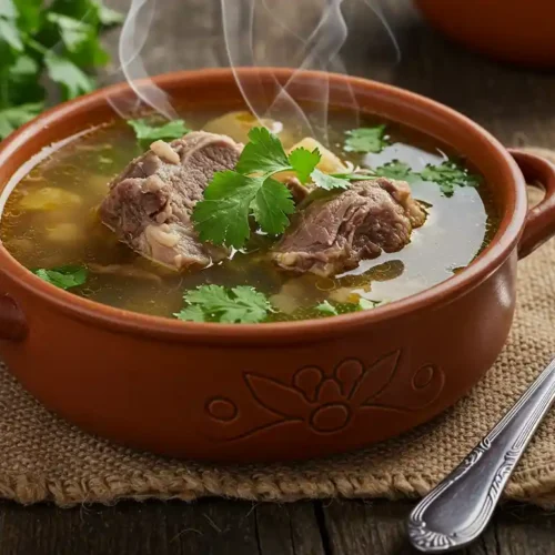 A bowl of homemade porcupine soup with herbs