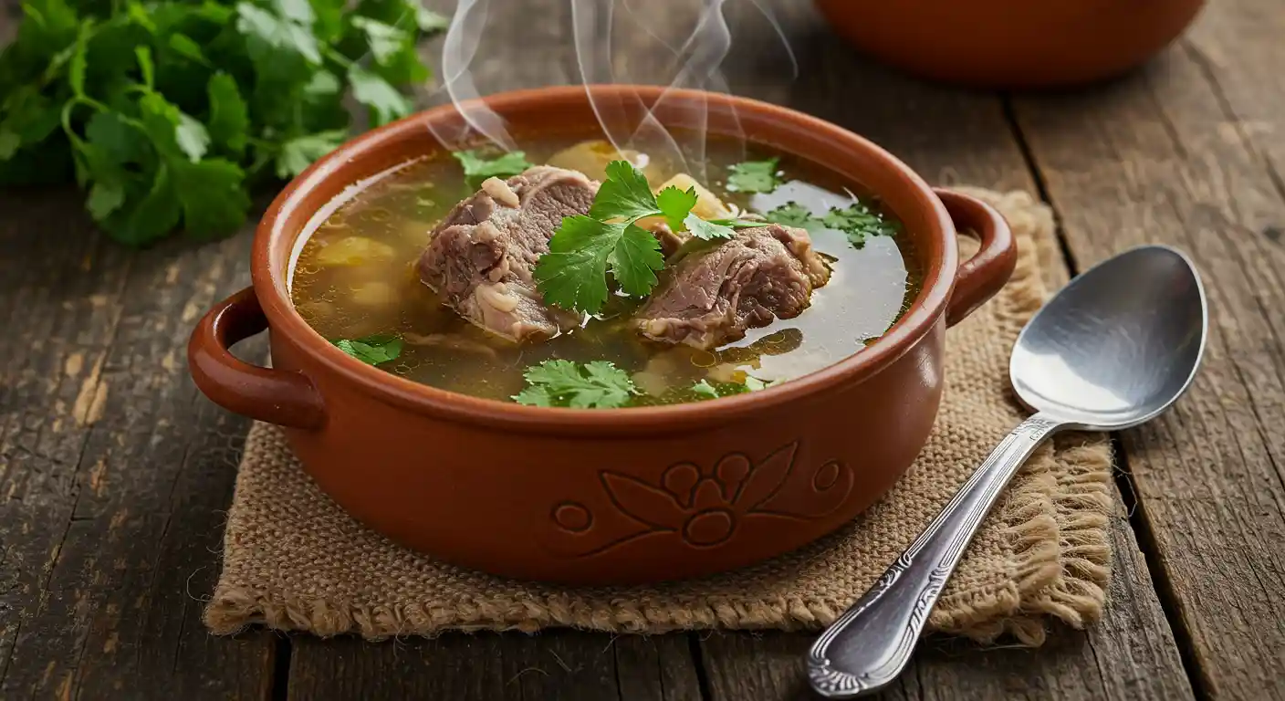 A bowl of homemade porcupine soup with herbs