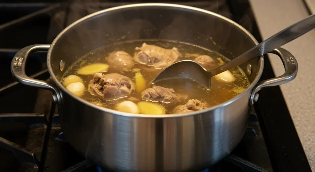 Simmering porcupine soup on the stove