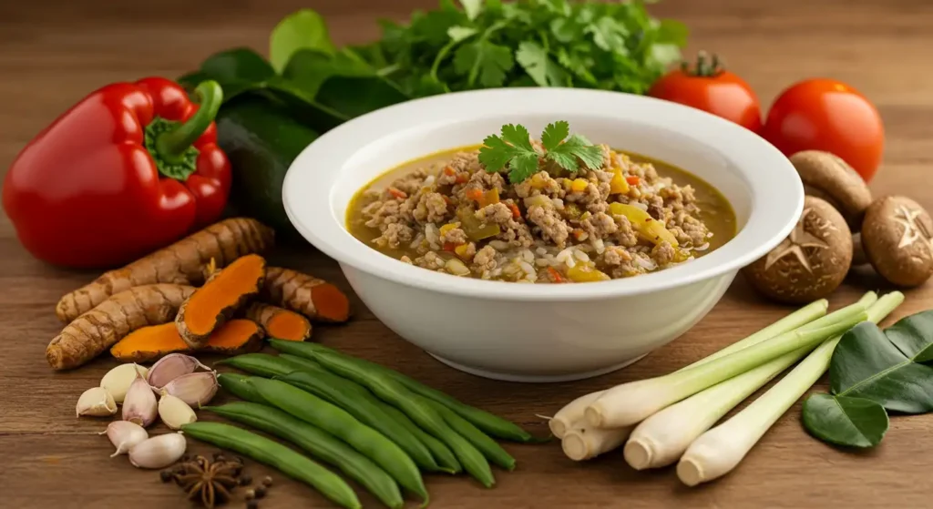 Chopped vegetables and herbs for porcupine soup