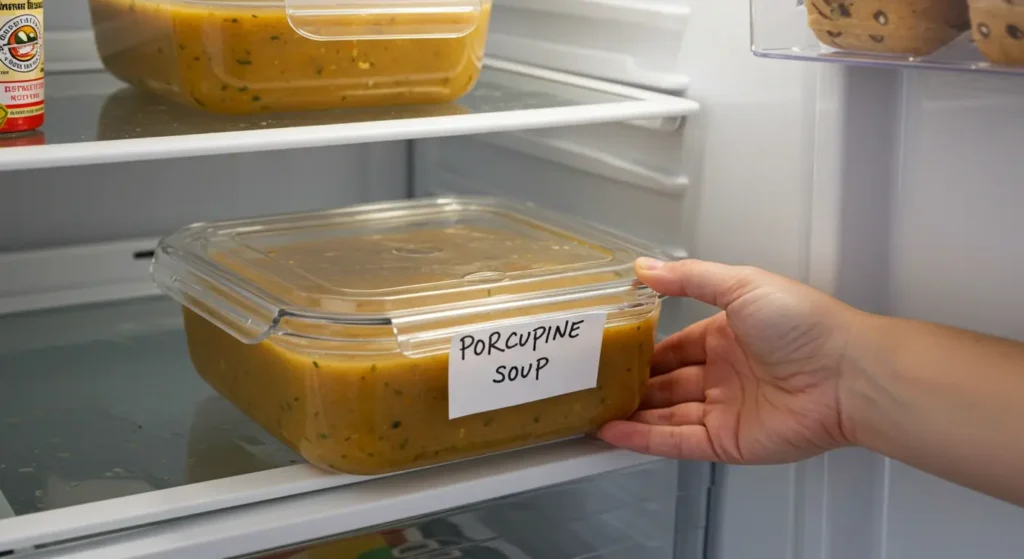 Storing leftover porcupine soup in the fridge