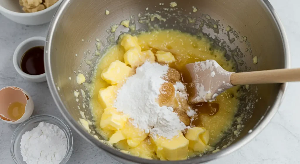 Mixing butter, sugar, and almond extract for cookie dough.