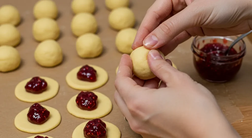 Rolling dough balls for Raspberry-Filled Almond Snow Cookies.