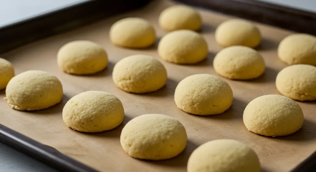 Baking tray with unbaked Raspberry-Filled Almond Snow Cookies.