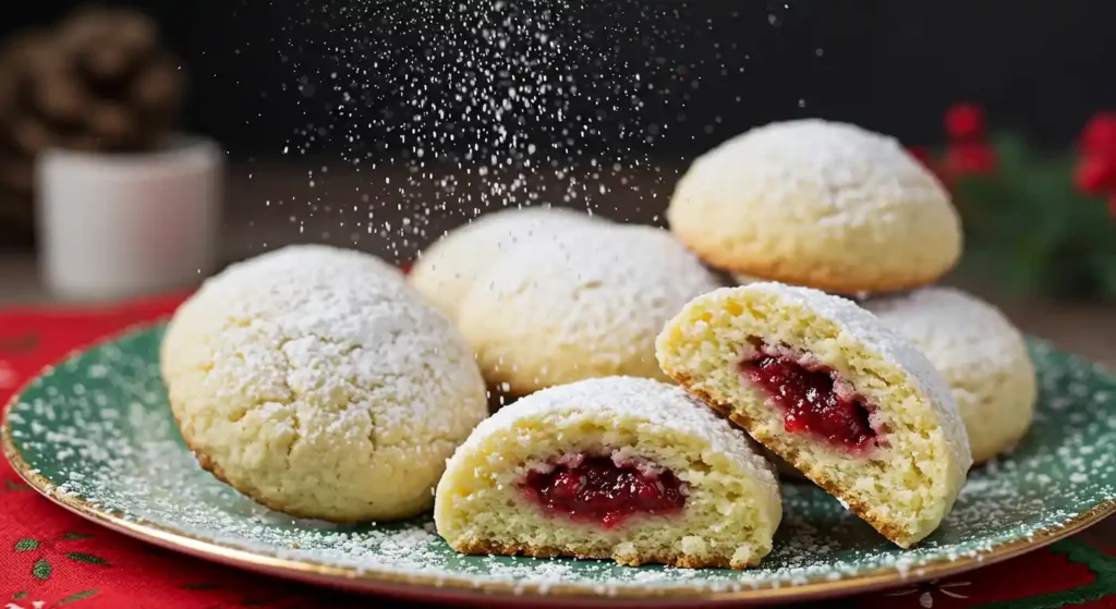 Rolling Raspberry-Filled Almond Snow Cookies in powdered sugar.