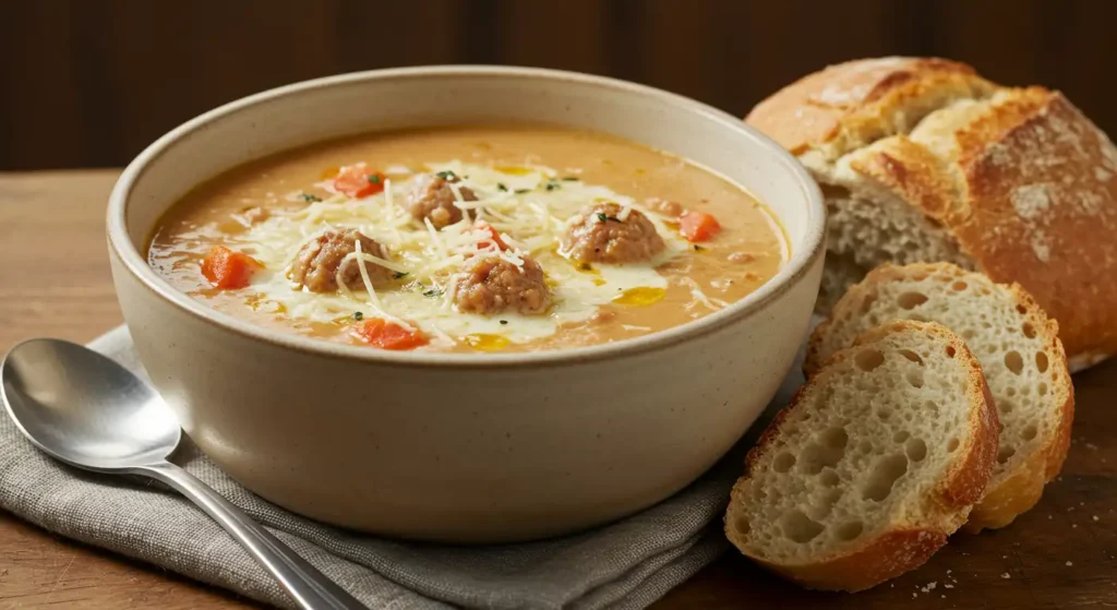 Creamy parmesan italian sausage soup served with bread