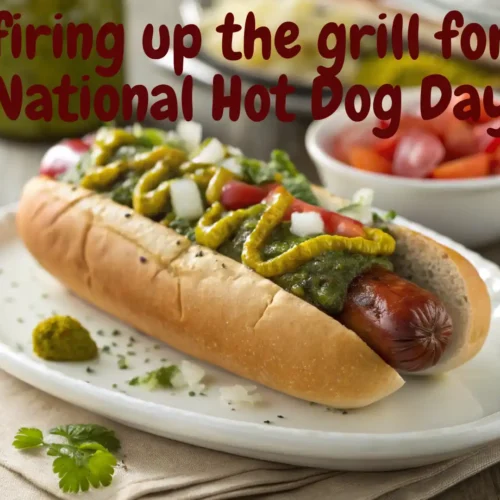 Close-up of a perfectly grilled hot dog with mustard and green relish on a white plate, celebrating national hot dog day.
