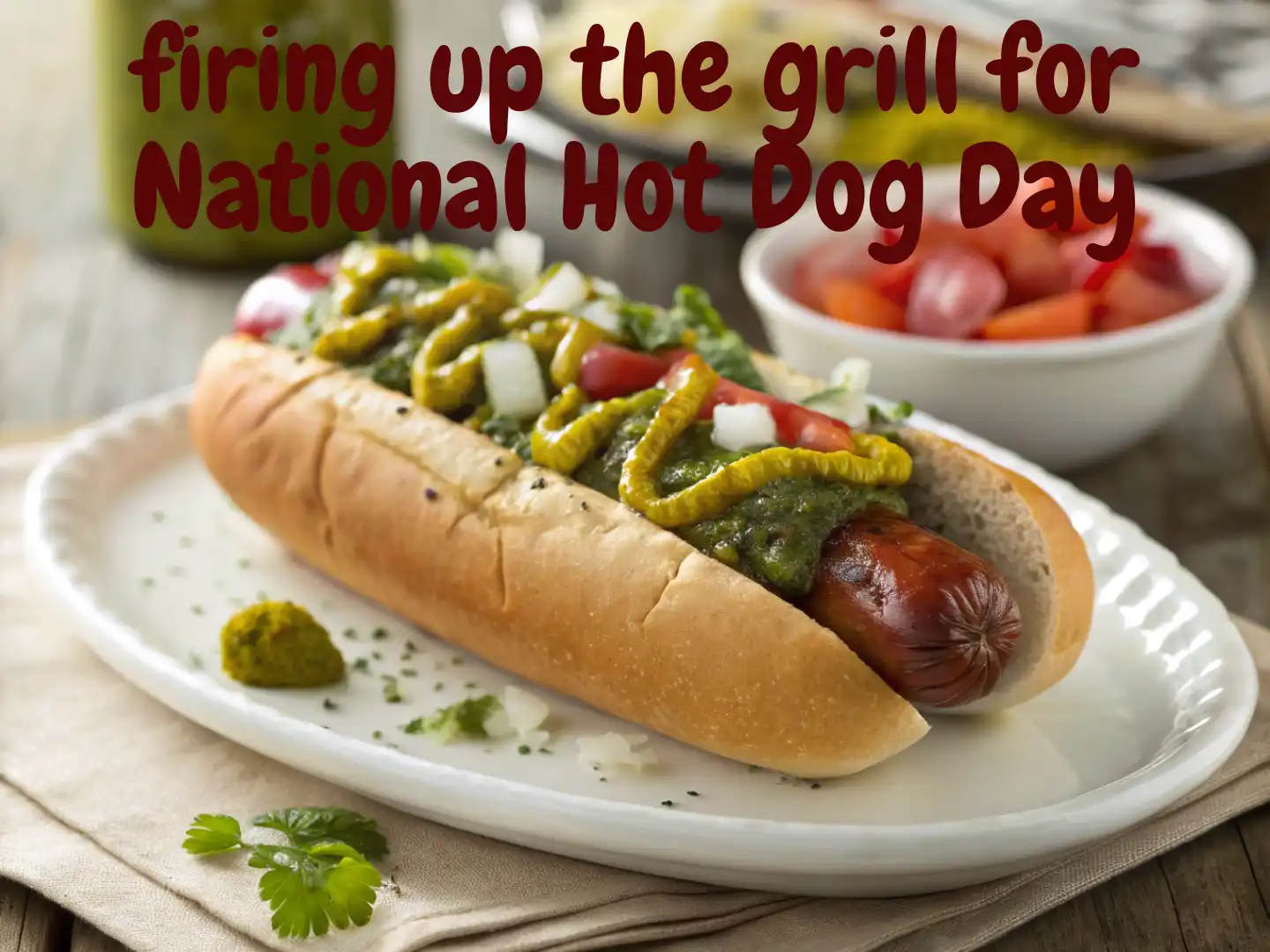 Close-up of a perfectly grilled hot dog with mustard and green relish on a white plate, celebrating national hot dog day.