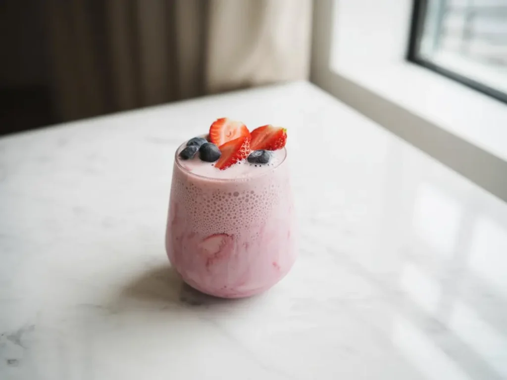 Homemade pastel pink Strawberry Acai-inspired drink with coconut milk, a DIY twist on the Starbucks Secret Menu Pink Drink.
