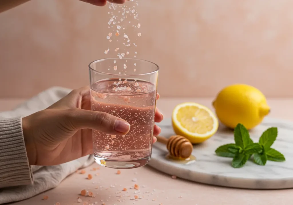 A hand sprinkling coarse pink Himalayan salt into a glass of pale pink mineral water, with lemon halves, a honey dipper, and fresh mint on a marble board in the background.