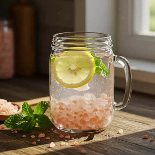 A mason jar filled with crystal-clear water and dozens of pink Himalayan salt crystals at the bottom, garnished with a floating lemon slice and fresh mint leaves beside a wooden spoon of coarse pink salt – showcasing my Pink Salt Trick Recipe.