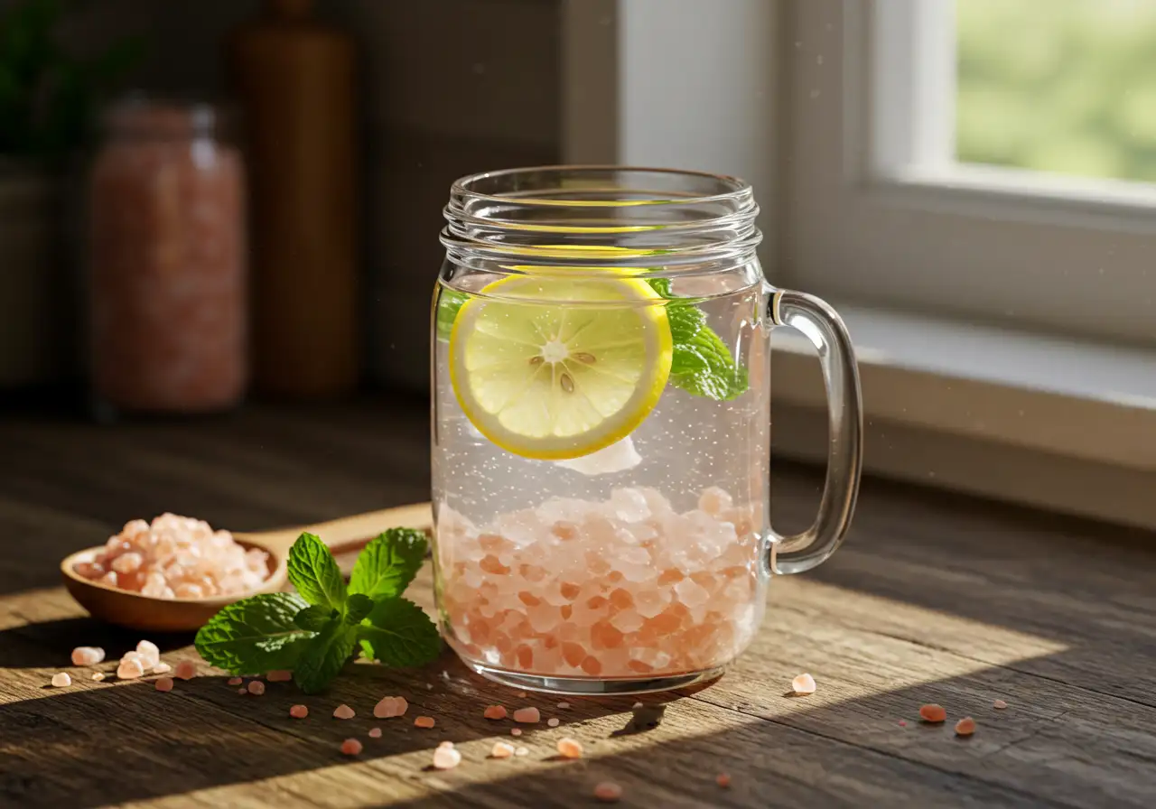 A mason jar filled with crystal-clear water and dozens of pink Himalayan salt crystals at the bottom, garnished with a floating lemon slice and fresh mint leaves beside a wooden spoon of coarse pink salt – showcasing my Pink Salt Trick Recipe.