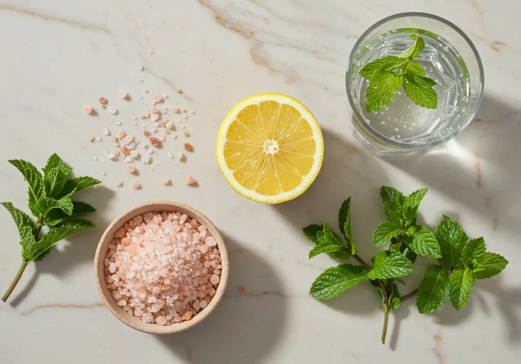 Overhead flat lay of a bowl of coarse pink Himalayan salt, a halved lemon, fresh mint sprigs, and a glass of clear water with mint leaves—ingredients for my Pink Salt Trick Recipe.