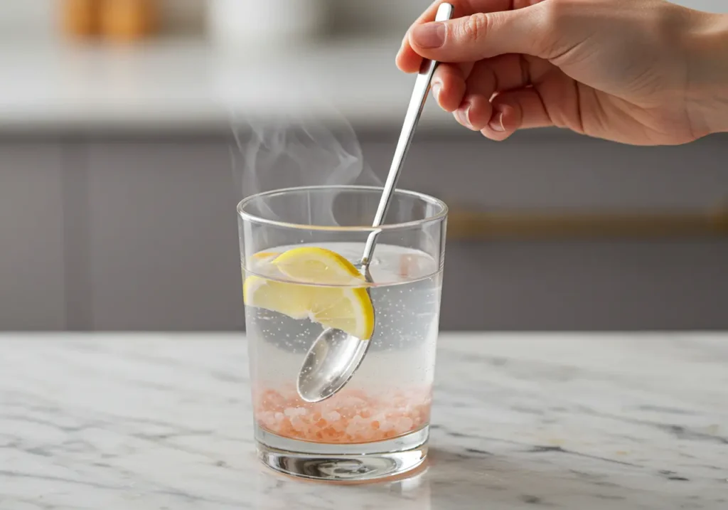 A hand holding a spoon and stirring a steaming glass of water filled with pink Himalayan salt crystals and a lemon slice, illustrating the Pink Salt Trick Recipe in action.