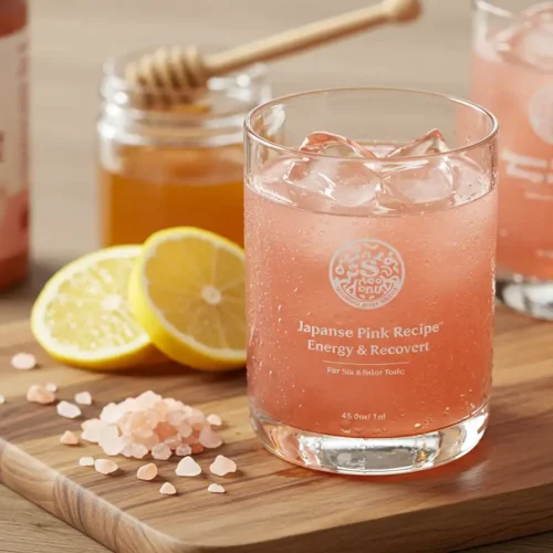 Chilled glass of Japanese Pink Salt Recipe tonic with ice cubes, fresh lemon slices, a honey jar and scattered Himalayan pink salt crystals on a wooden board.