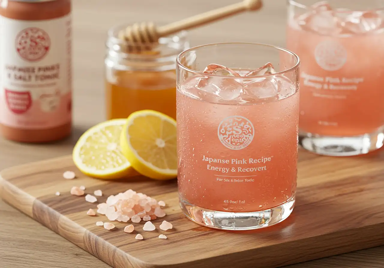 Chilled glass of Japanese Pink Salt Recipe tonic with ice cubes, fresh lemon slices, a honey jar and scattered Himalayan pink salt crystals on a wooden board.