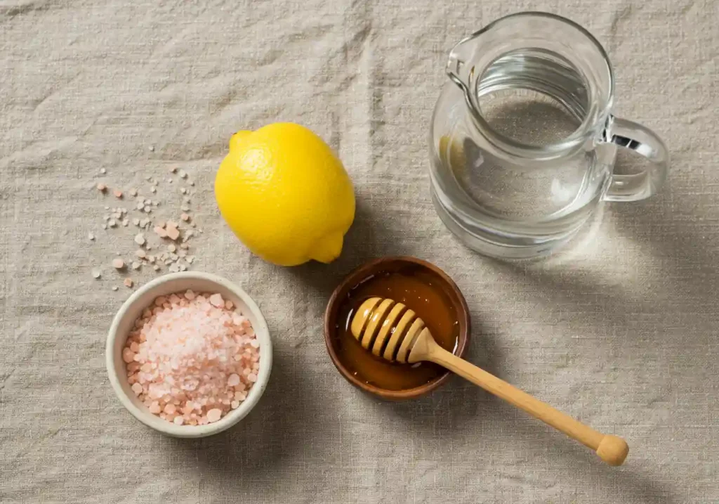 Top-down view of a bowl of Himalayan pink salt, a whole lemon, a honey dipper in raw honey, and a glass pitcher of water on a linen cloth—ingredients for a Japanese Pink Salt Recipe.