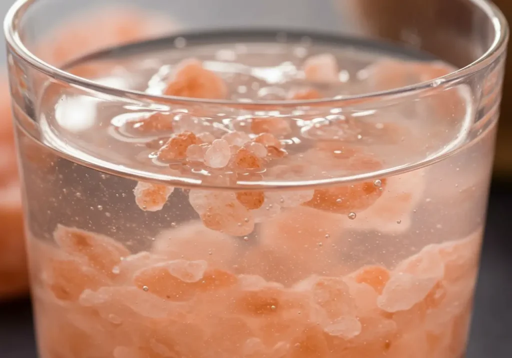 Macro close-up of Himalayan pink salt crystals dissolving in water for my Japanese Pink Salt Recipe for Energy & Recovery.