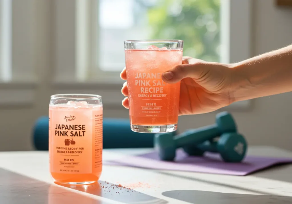 Hand lifting a glass of rosy Japanese Pink Salt Recipe tonic with ice, another filled glass and teal dumbbells blurred on a table in a sunlit room.