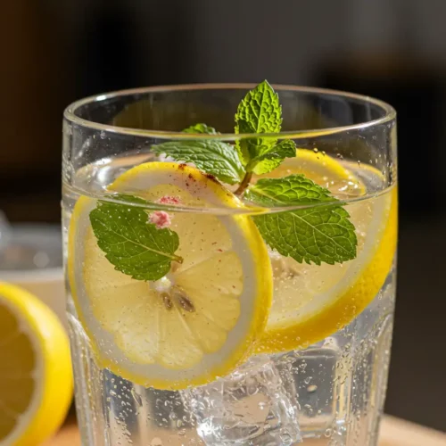 Ice Water Hack Recipe glass with ice, fresh lemon slices, and mint sprig