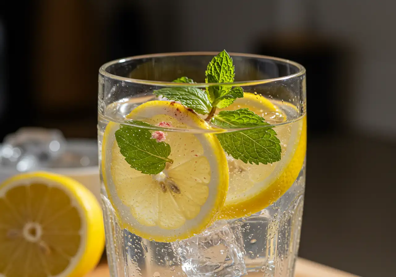 Ice Water Hack Recipe glass with ice, fresh lemon slices, and mint sprig