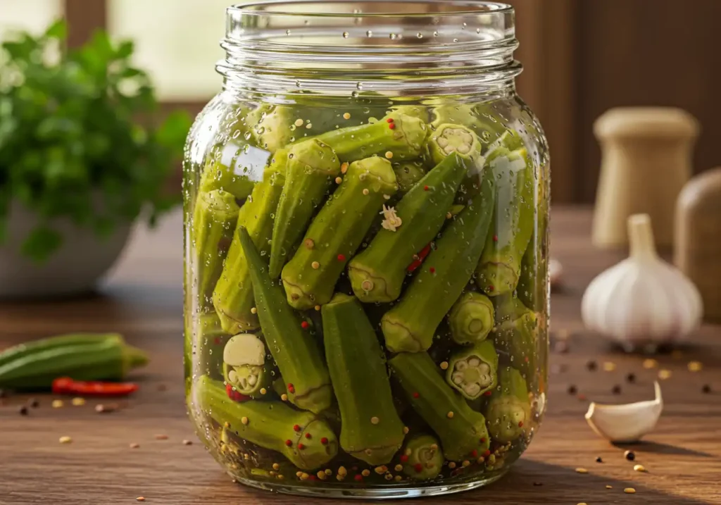 Jar of bright Pickled Okra Recipe in clear vinegar brine with garlic and mustard seeds