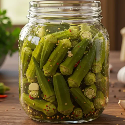 Jar of bright Pickled Okra Recipe in clear vinegar brine with garlic and mustard seeds