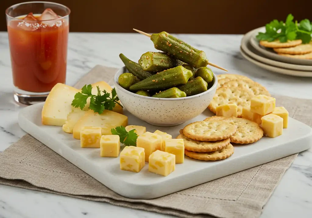 A bowl of Pickled Okra Recipe speared on a wooden cocktail pick, served alongside cheese cubes, crackers, and a Bloody Mary