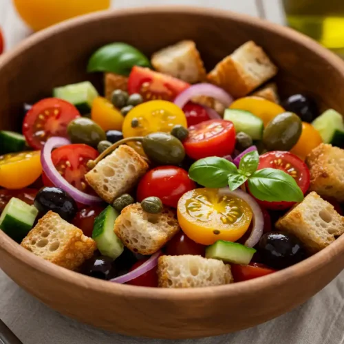 Panzanella salad in a wooden bowl with toasted bread cubes, heirloom tomatoes, cucumber, basil, red onion, olives and capers in olive oil dressing