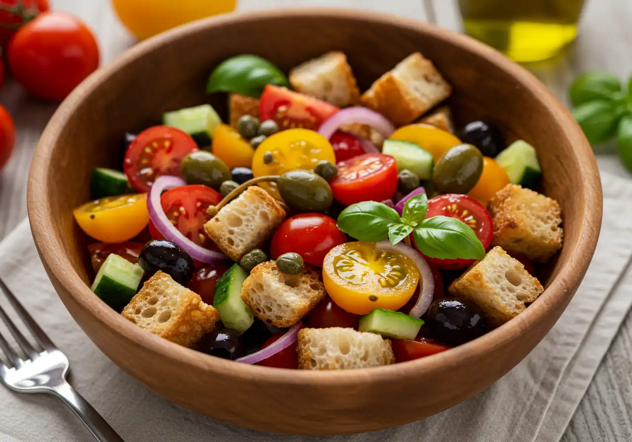 Panzanella salad in a wooden bowl with toasted bread cubes, heirloom tomatoes, cucumber, basil, red onion, olives and capers in olive oil dressing