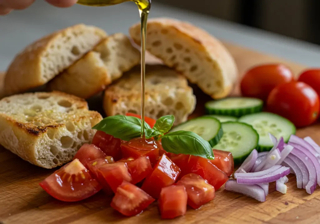 Panzanella ingredients on wooden board: olive oil pouring over toasted bread, chopped tomatoes, cucumber, basil and red onion