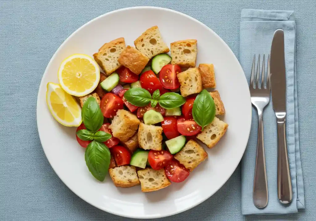 Panzanella served on a white plate with toasted bread cubes, tomatoes, cucumber, basil and lemon wedges
