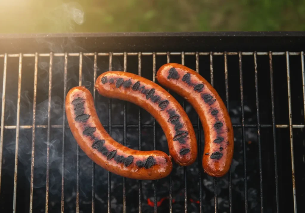 Three juicy hot dogs with dark grill marks sizzling on a metal grate, smoke rising, celebrating national hot dog day.