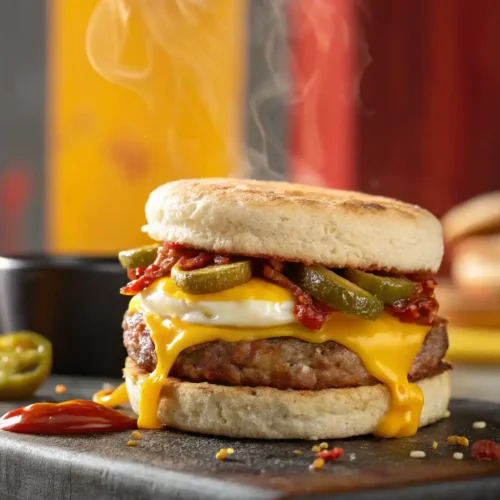 Spicy McMuffin with melted cheese, egg, jalapeños, bacon, and sausage on an English muffin