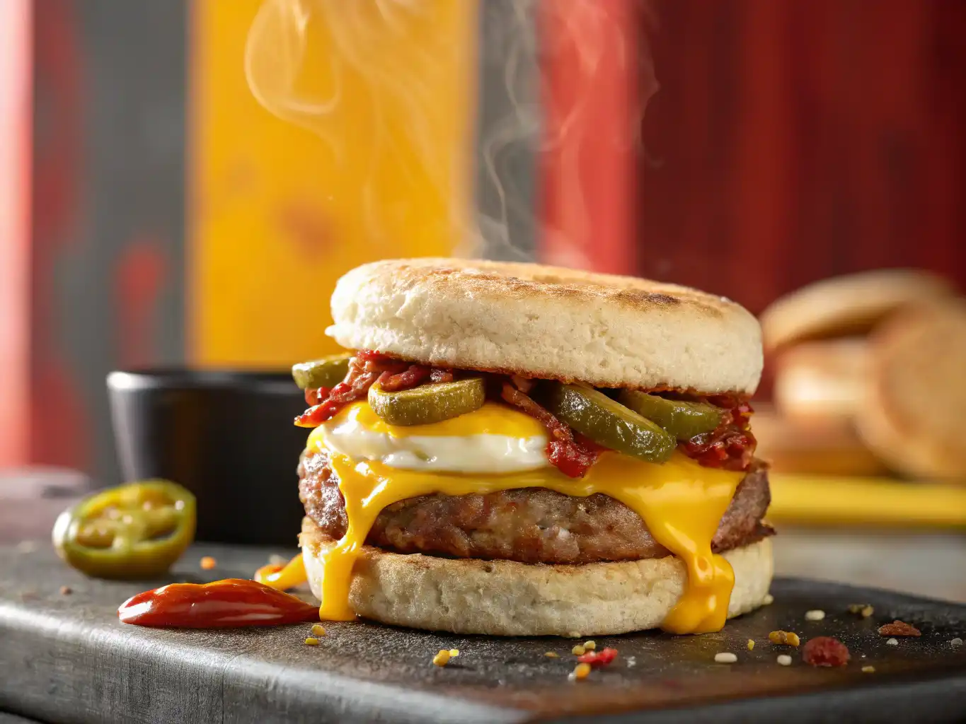 Spicy McMuffin with melted cheese, egg, jalapeños, bacon, and sausage on an English muffin