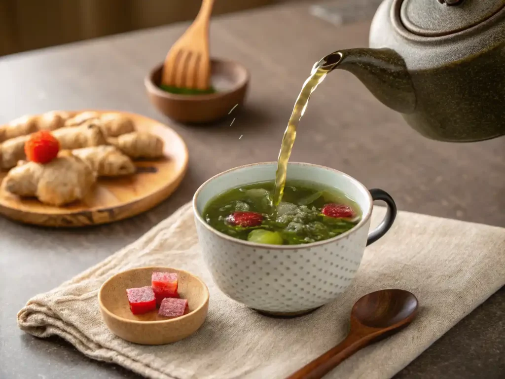A cozy countertop scene of a small teapot pouring kombu-infused green broth into a ceramic mug studded with umeboshi plums and seaweed, part of my Japanese mounjaro recipe, with fresh ginger and a wooden spoon on a linen cloth.