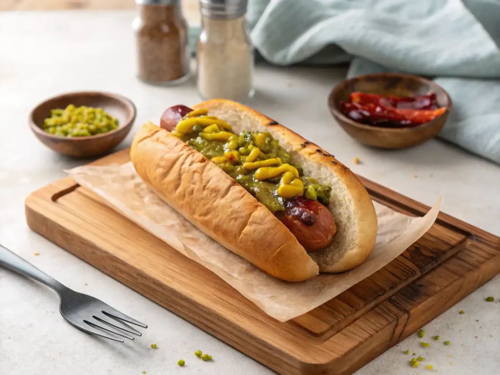 Flat-lay macro shot of a toasted hot dog bun on a wooden cutting board, topped with a halal beef frank and bright green relish to celebrate national hot dog day.