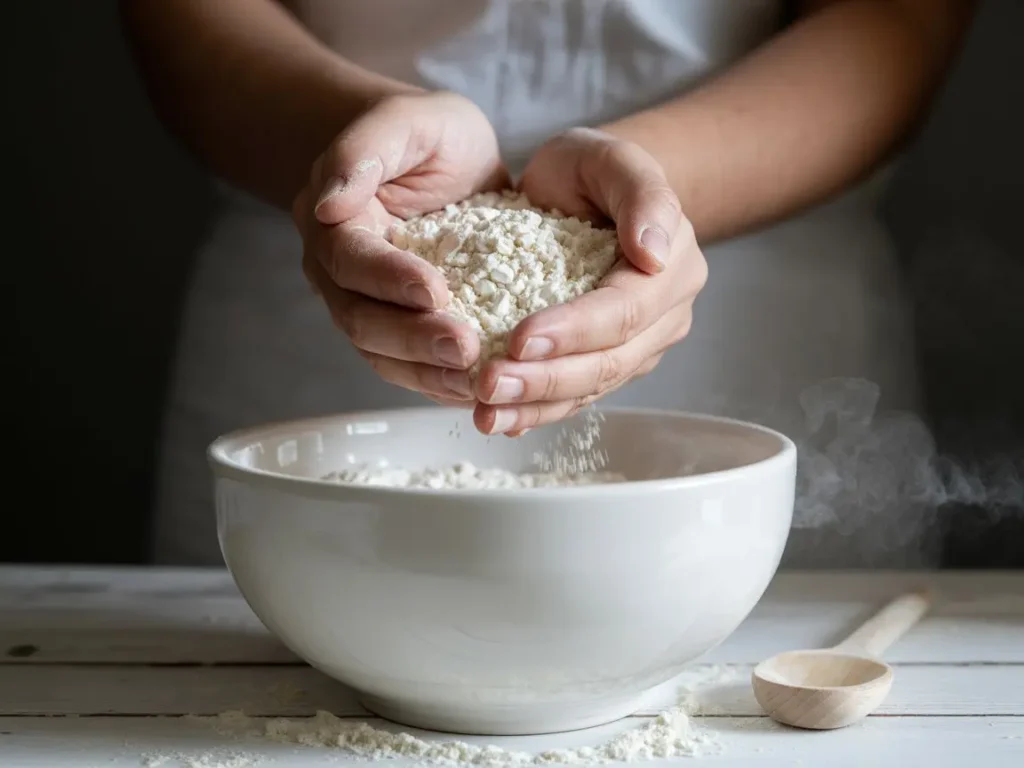 Hands holding and sifting gluten free flour over a white bowl on a wooden surface