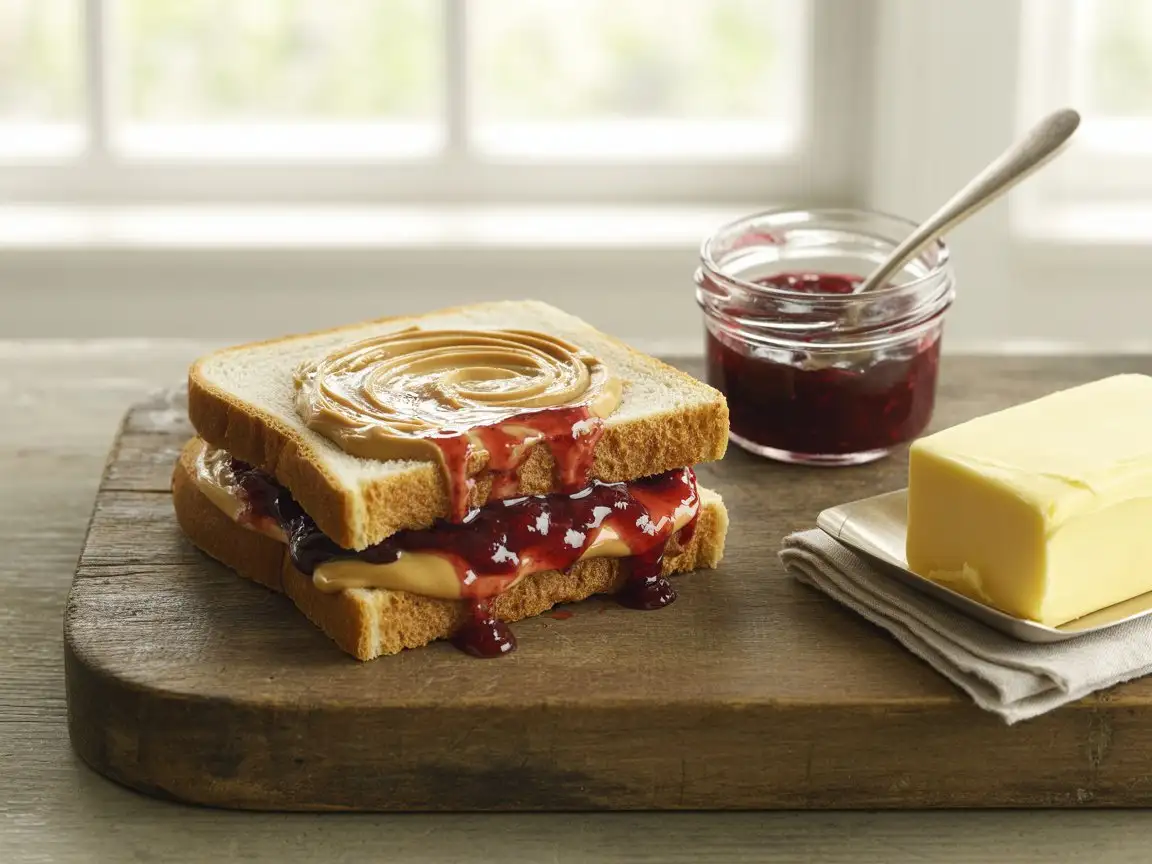 Top-down view of a perfectly assembled Jams Peanut Butter Sandwich on a rustic wooden board, showing creamy peanut butter and vibrant red jam oozing between two diagonal-cut slices of white bread.