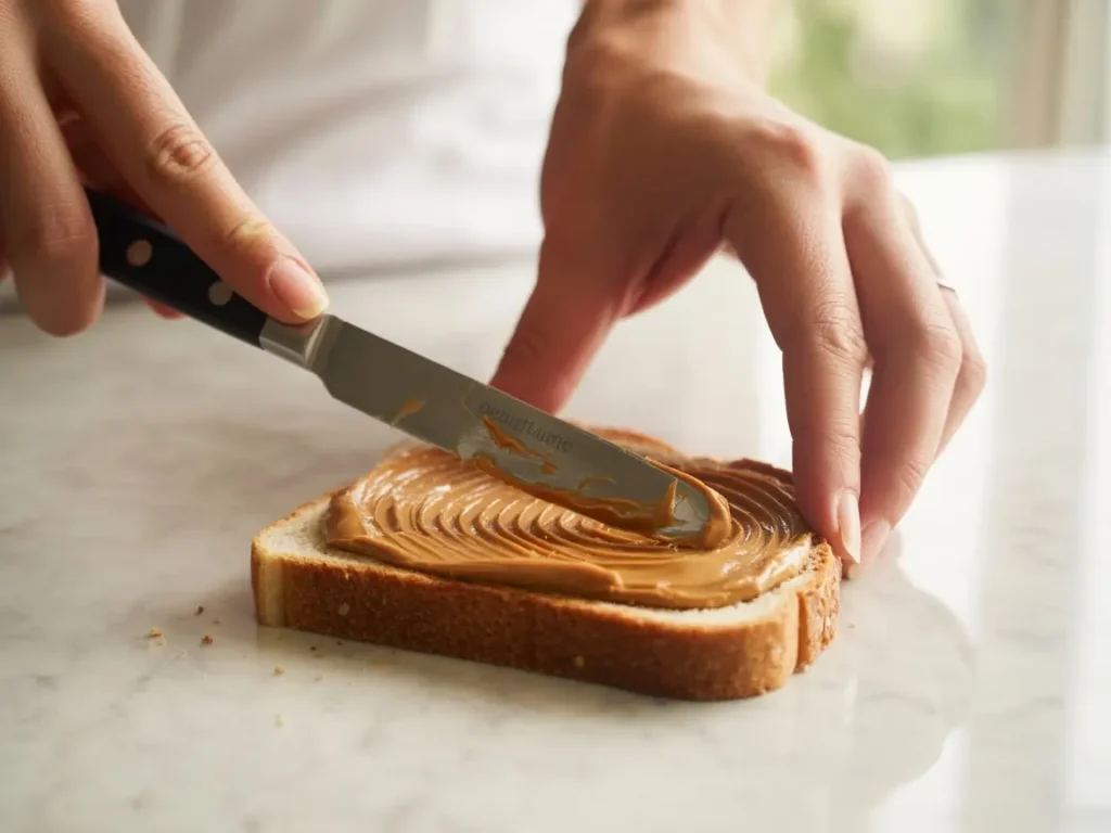 Close-up of a hand spreading creamy peanut butter onto a slice of bread with a knife—preparing the perfect Jams Peanut Butter Sandwich base.