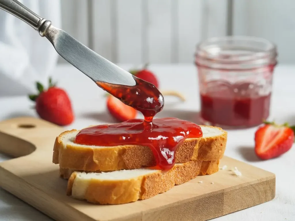 A spooned knife spreading vibrant red strawberry jam onto a slice of white bread, preparing the jam layer for a Jams Peanut Butter Sandwich, with fresh strawberries and a jar of jam softly blurred in the background.